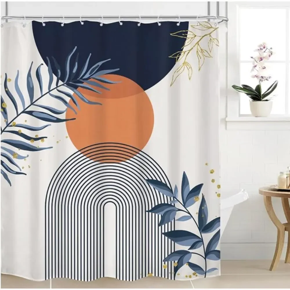 Boho Shower Curtain, Bathroom Decor, Modern Abstract Bohemian- Blue Gold